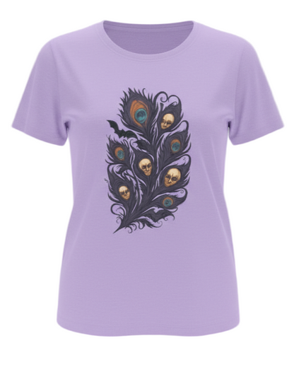 Lavender t-shirt with a black feather design featuring colorful skulls on a gray background