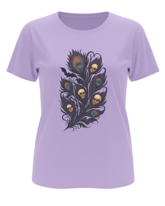 Lavender t-shirt with a black feather design featuring colorful skulls on a gray background
