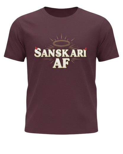 Maroon t-shirt with 'Sanskari AF' text on a light gray background