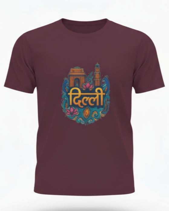 Maroon t-shirt with colorful graphic design on a white background