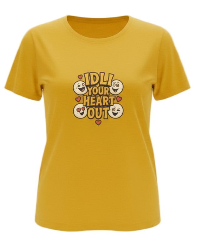 Yellow t-shirt with a graphic design on a gray background