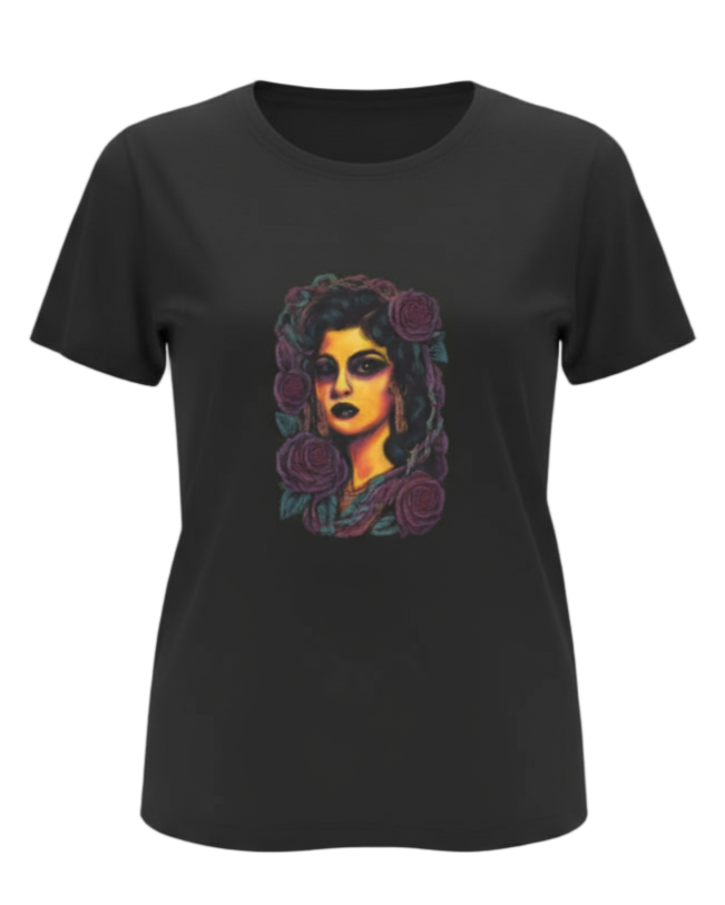 Black t-shirt with a colorful graphic design on a gray background
