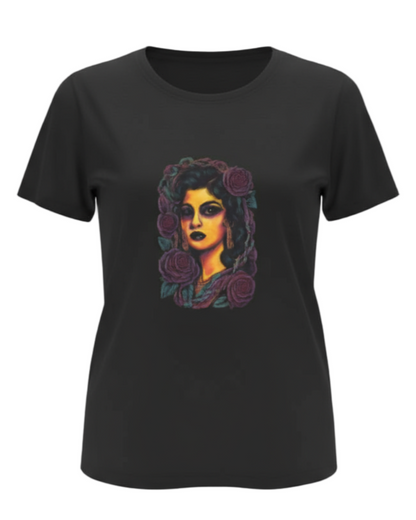 Black t-shirt with a colorful graphic design on a gray background