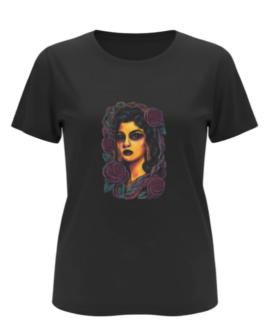 Black t-shirt with a colorful graphic design on a gray background