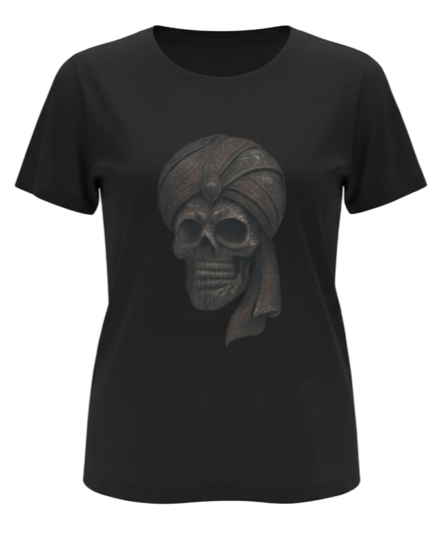 Black t-shirt with a skull wearing a turban graphic on a gray background