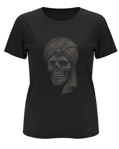 Black t-shirt with a skull wearing a turban graphic on a gray background