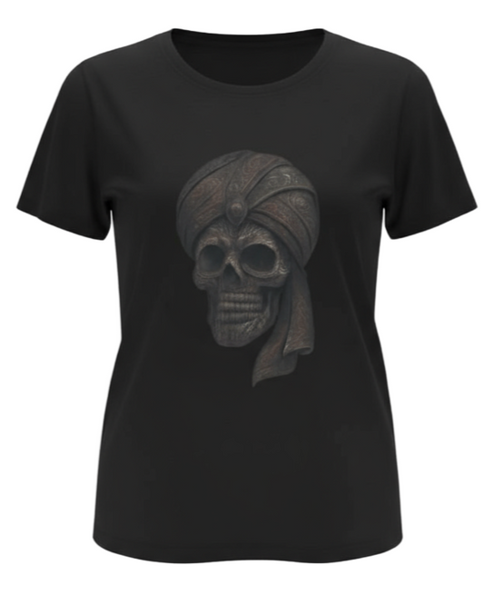 Black t-shirt with a skull wearing a turban graphic on a gray background