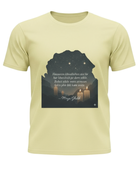 Light yellow t-shirt with a graphic design on a white background