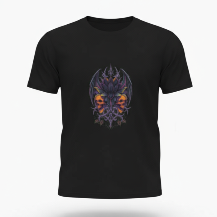 Black t-shirt with a colorful graphic design on a white background