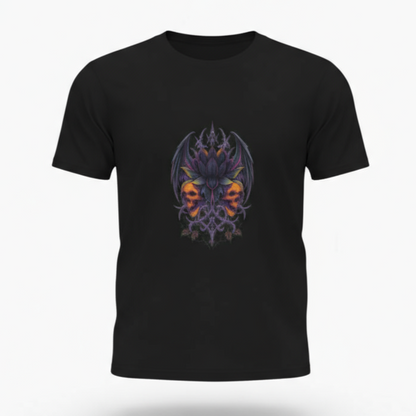 Black t-shirt with a colorful graphic design on a white background