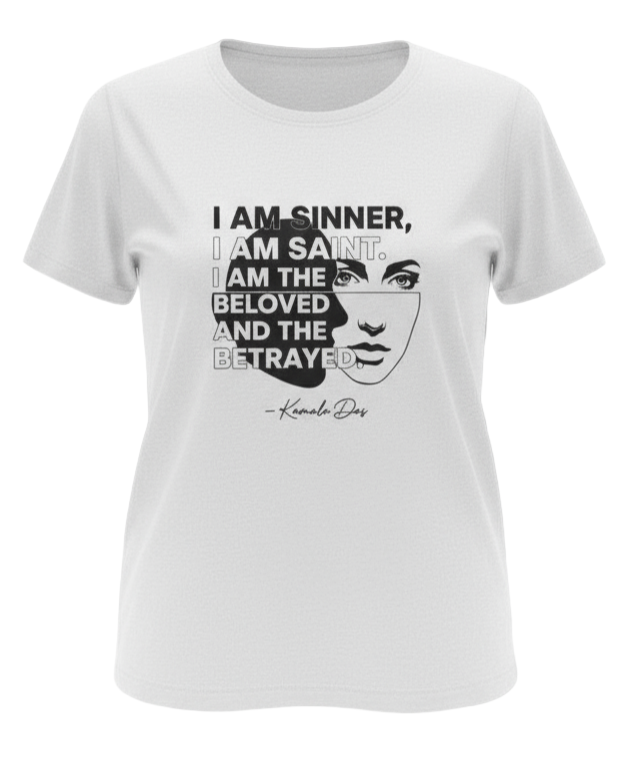 White t-shirt with black text and graphic on a gray background